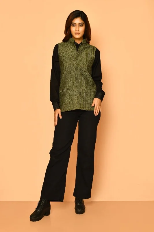 Olive Green Handloom Cotton Nehru Jacket for Women Nylon Fabric Polyester Fabric Spandex Fabric Olive Green Handloom Cotton Nehru Jacket for Women Nylon Fabric Polyester Fabric Spandex Fabric