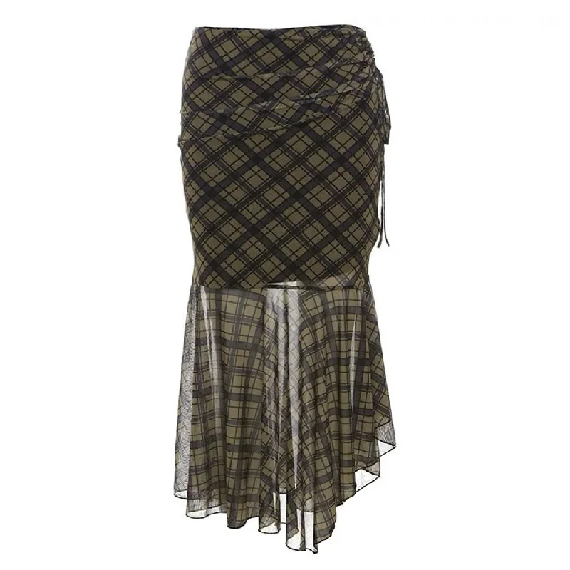 Plaid Asymmetrical Mesh Skirt slim fit skirt