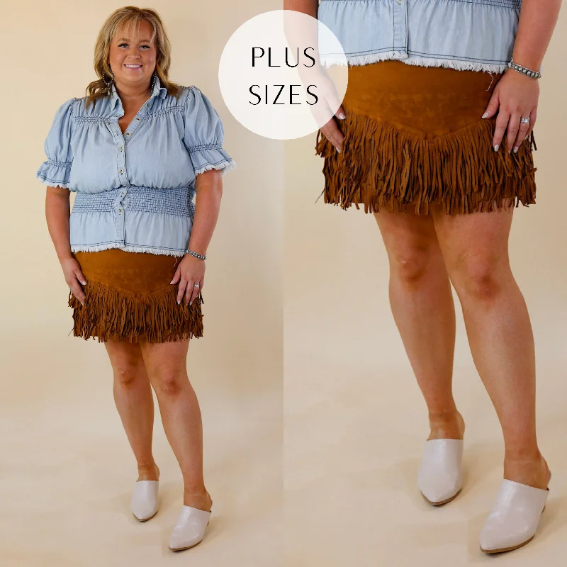 Plus Sizes | Pep Into Your Step Suede Fringe Skirt in Camel Brown denim skirt casual