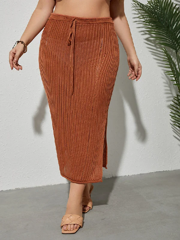 Plus Red Brown Tie Front Split Cover Up Skirt modal blend skirt