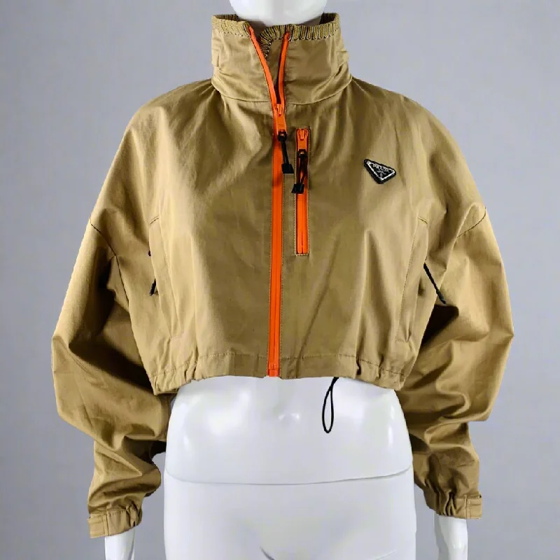 PRADA Size 2 Khaki Orange Cotton Blend Contrast Trim Crop Jacket Zip Front Button Front Snap Front PRADA Size 2 Khaki Orange Cotton Blend Contrast Trim Crop Jacket Zip Front Button Front Snap Front