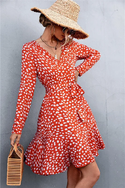 Printed V-Neck Tie Belt Ruffle Hem Mini Dress Fashionable Mini Dress with Frills