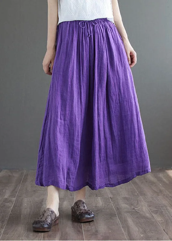 Purple Solid Double-deck Linen A Line Skirt Tie Waist Summer relaxed fit skirt