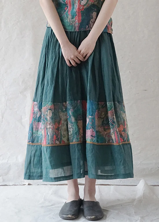 Retro Green elastic waist drawstring print Patchwork Linen Skirt Spring boho skirt vibe