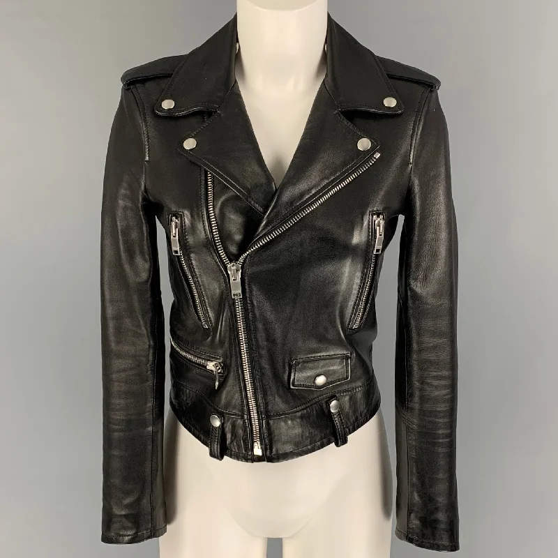 SAINT LAURENT Size 4 Black Lamb Skin Leather Biker Jacket Herringbone Jacket Houndstooth Jacket Plaid Jacket SAINT LAURENT Size 4 Black Lamb Skin Leather Biker Jacket Herringbone Jacket Houndstooth Jacket Plaid Jacket