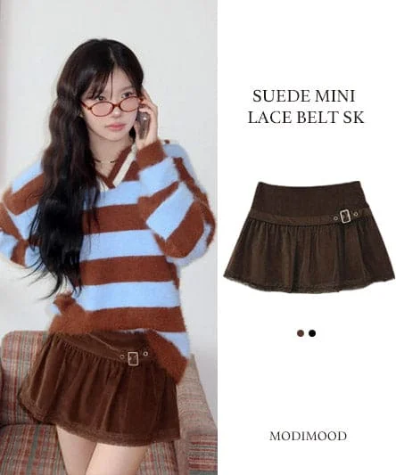 Suede Lace Belt Skirt linen skirt relaxed