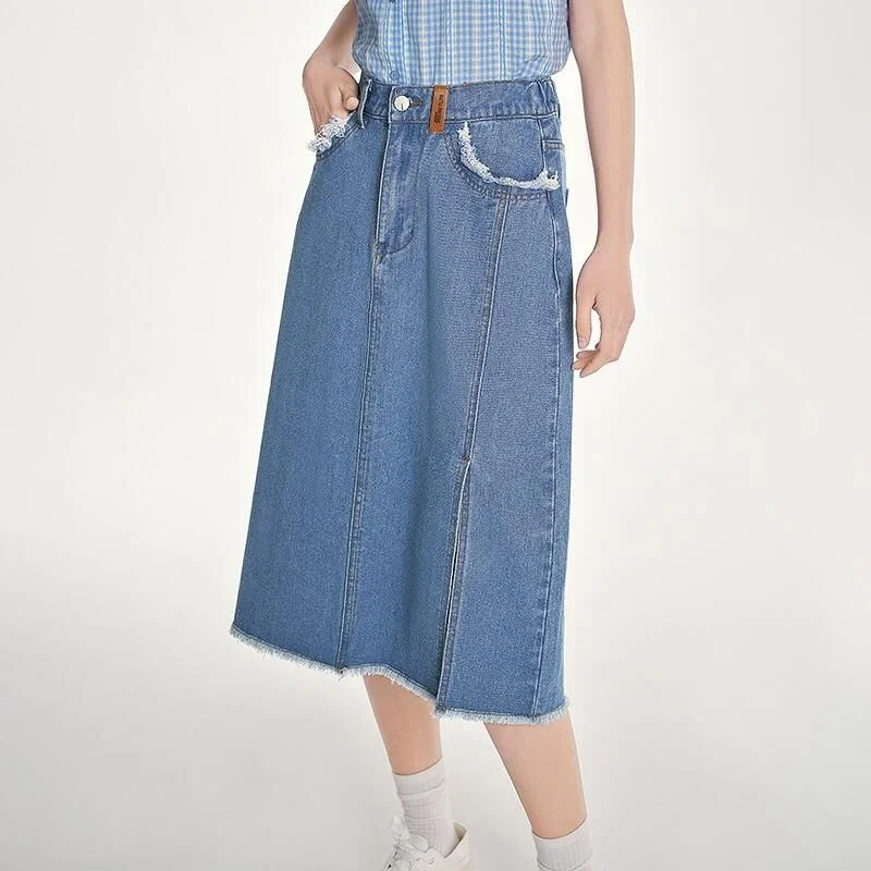 Summer Chic Denim A-Line Skirt with Plush Edges and Split Hem spandex blend skirt