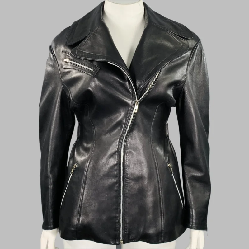THIERRY MUGLER Size 10 Black Lambskin Leather Zip Up Jacket Knit Fabric Woven Fabric Fleece Fabric