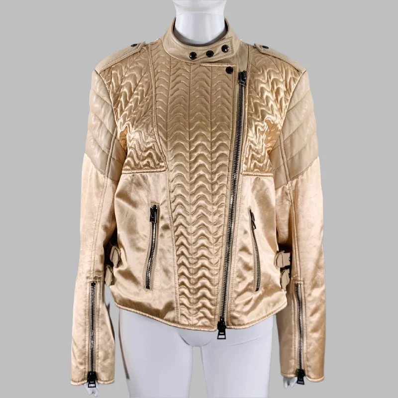 TOM FORD Size 8 Beige Viscose Quilted Leather Biker Jacket Nylon Fabric Polyester Fabric Spandex Fabric TOM FORD Size 8 Beige Viscose Quilted Leather Biker Jacket Nylon Fabric Polyester Fabric Spandex Fabric