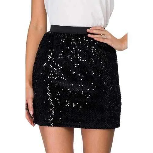 Stylish High Waisted Sequins Bodycon Women's Skirt - Black S leather skirt modern