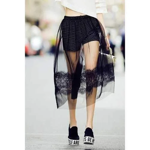 Stylish A Line Black Lace Spliced Women's Skirt - Black L cashmere skirt fine