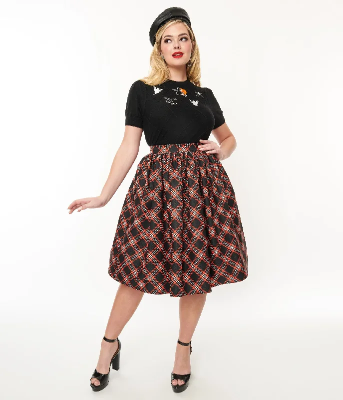 Unique Vintage 1950s Black & Orange Plaid Gellar Swing Skirt corduroy skirt cozy