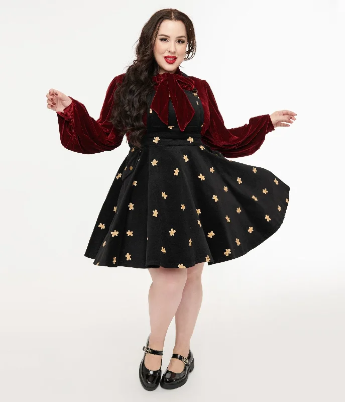 Unique Vintage Plus Size 1950s Black & Gingerbread Brionne Pinafore Skirt ruffled skirt detail