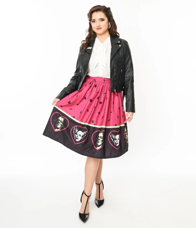 Universal Monsters x Unique Vintage Frankenstein & Bride Of Frankenstein Border Gellar Swing Skirt denim skirt casual