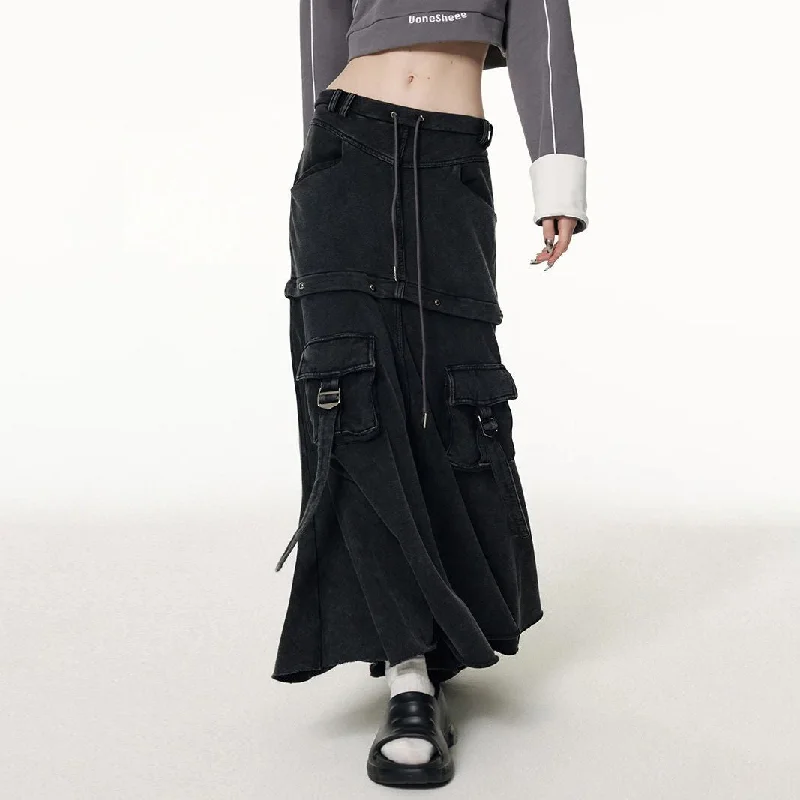 Versatile Two-Way Detachable Black Denim Skirt relaxed fit skirt