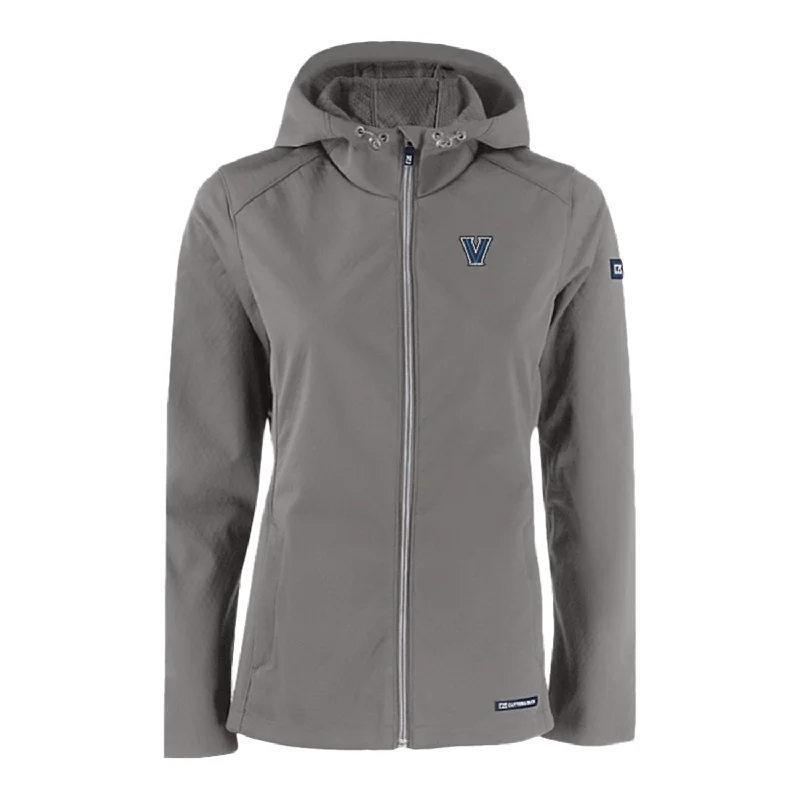 Ladies Villanova Wildcats Cutter & Buck Evoke Softshell Grey Full Zip Hooded Jacket Zip Front Button Front Snap Front Ladies Villanova Wildcats Cutter & Buck Evoke Softshell Grey Full Zip Hooded Jacket Zip Front Button Front Snap Front