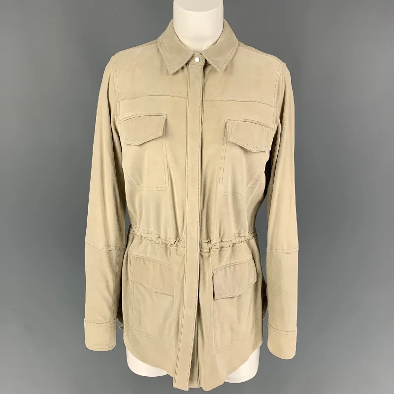 VINCE Size S Beige Suede Parka Jacket Front Pockets Side Pockets Patch Pockets