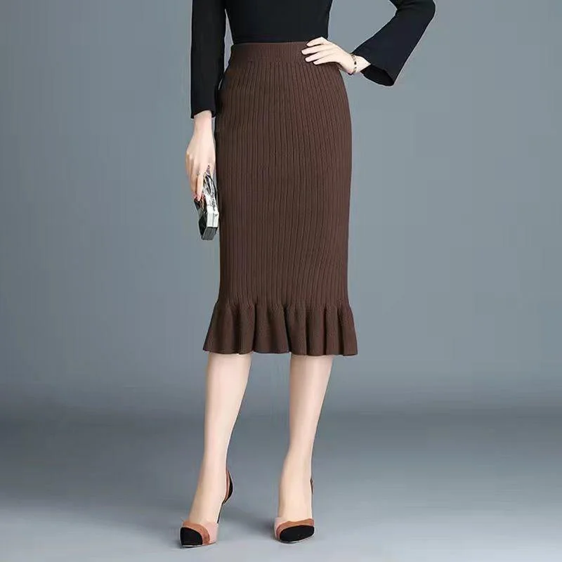 Women's Knitted Mermaid Skirt Fall/winter High Waist Elastic Wrap Hip Skirt Ladies Long Pencil Skirt belted skirt waist