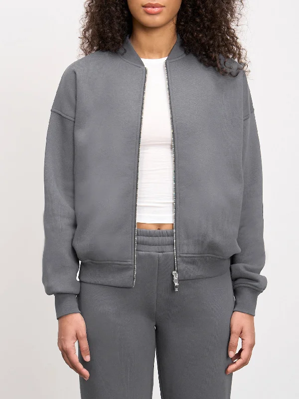 Womens Neoprene Bomber Jacket in Grey Stand-Up Collar Roll-Neck Collar Turtle Neck