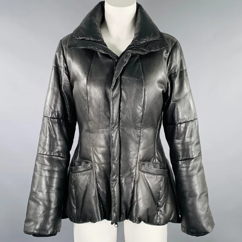 YOHJI YAMAMOTO Size M Black Lambskin Leather Quilted Zip Up Jacket Satin Jacket Silk Jacket Chiffon Jacket YOHJI YAMAMOTO Size M Black Lambskin Leather Quilted Zip Up Jacket Satin Jacket Silk Jacket Chiffon Jacket