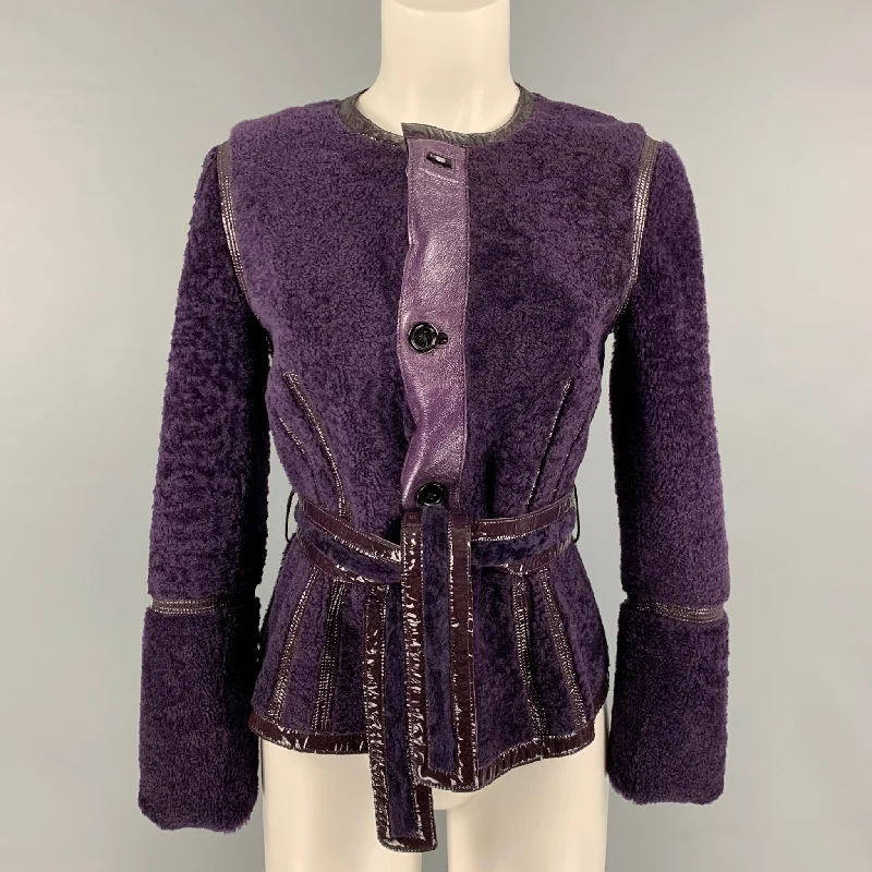 YVES SAINT LAURENT Size S Purple Leather Reversible Shearling Jacket Front Pockets Side Pockets Patch Pockets YVES SAINT LAURENT Size S Purple Leather Reversible Shearling Jacket Front Pockets Side Pockets Patch Pockets