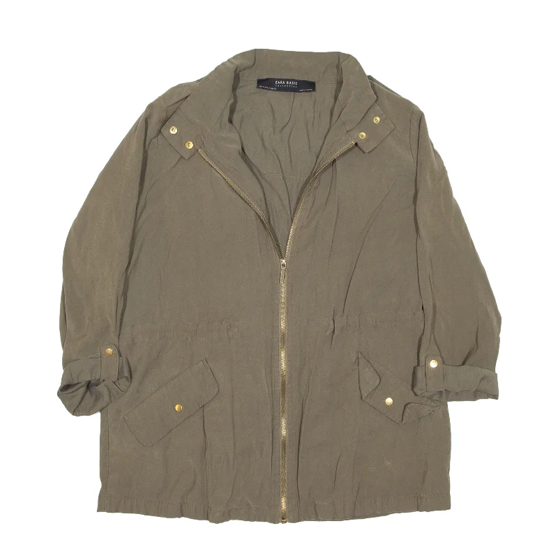 ZARA BASIC Jacket Green Viscose Womens M Zippered Front Buttoned Front Snap Front