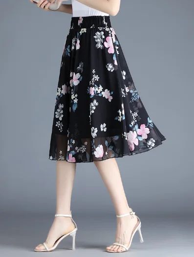 black cute chiffon Joker floral long waist A-line skirt ribbed skirt waist