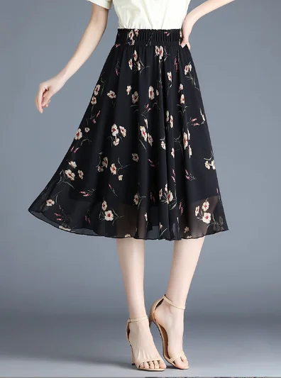 fashion chiffon Joker floral long thin waist A word skirt wool skirt thick