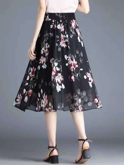 black print cute chiffon Joker floral long waist A-line skirt wool skirt sturdy