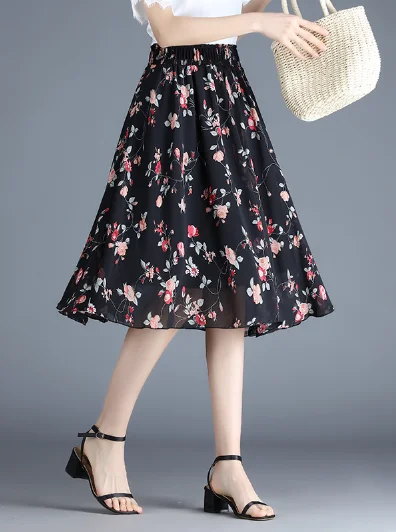 black print fashion chiffon Joker floral long waist A-line skirt velvet skirt plush