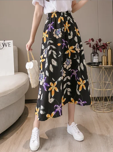 black wholesale high waist floral chiffon print skirt chiffon skirt lightweight