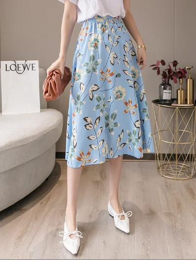 blue  wholesale high waist floral chiffon print skirt corduroy skirt comfortable
