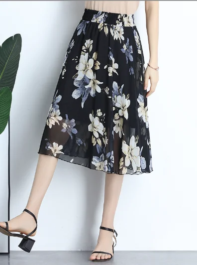 chiffon skirt women Joker floral long thin high waist A word skirt maxi skirt elegant