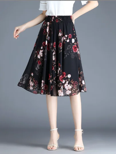 cute chiffon Joker floral long waist A-line skirt corduroy skirt cozy