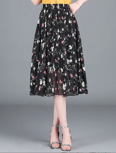 fashion chiffon Joker floral long thin waist A word skirt denim skirt fashionable