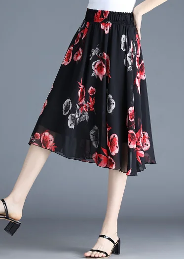printed fashion chiffon Joker floral waist A-line skirt boho skirt vibe