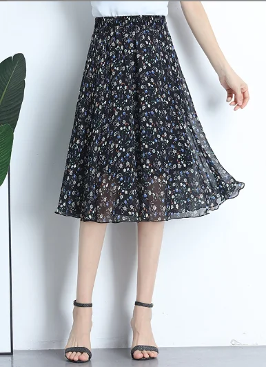 Summer Skirt Female Joker Floral Long Thin High-waisted Korean version of A-shaped skirt chiffon skirt airy