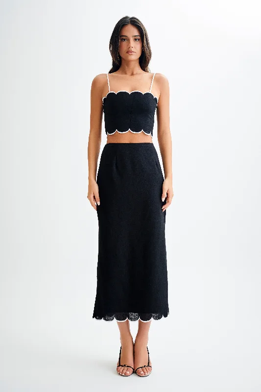Alessio Scalloped Midi Skirt - Black linen skirt natural