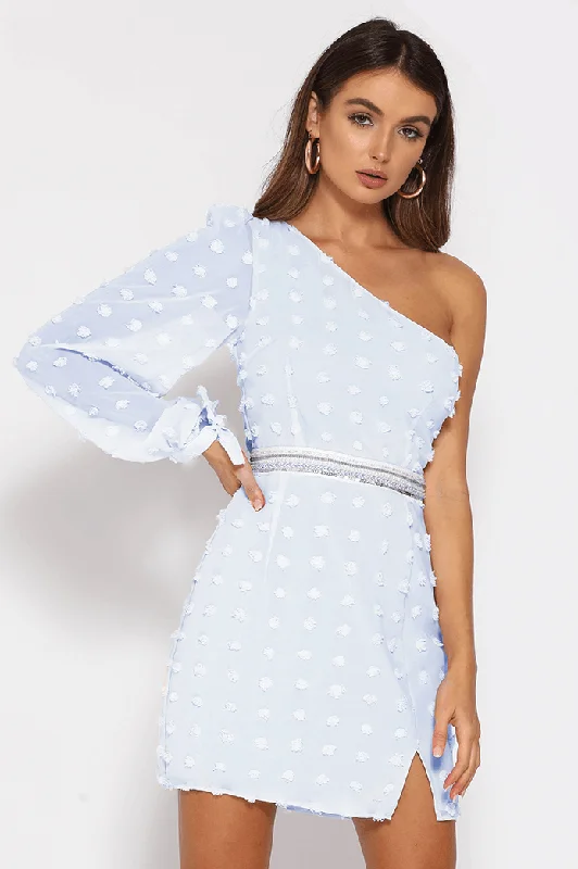 Alira Mini Dress - Sky Blue Comfortable Off-Shoulder Mini Dress