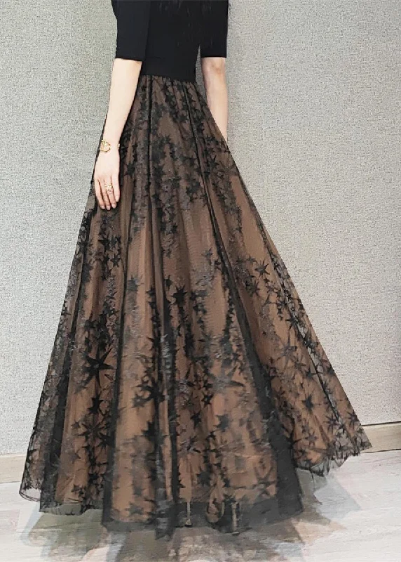 Beautiful Chocolate Embroideried Floral High Waist Flatering Tulle Maxi Skirt Spring lace skirt intricate Beautiful Chocolate Embroideried Floral High Waist Flatering Tulle Maxi Skirt Spring lace skirt intricate