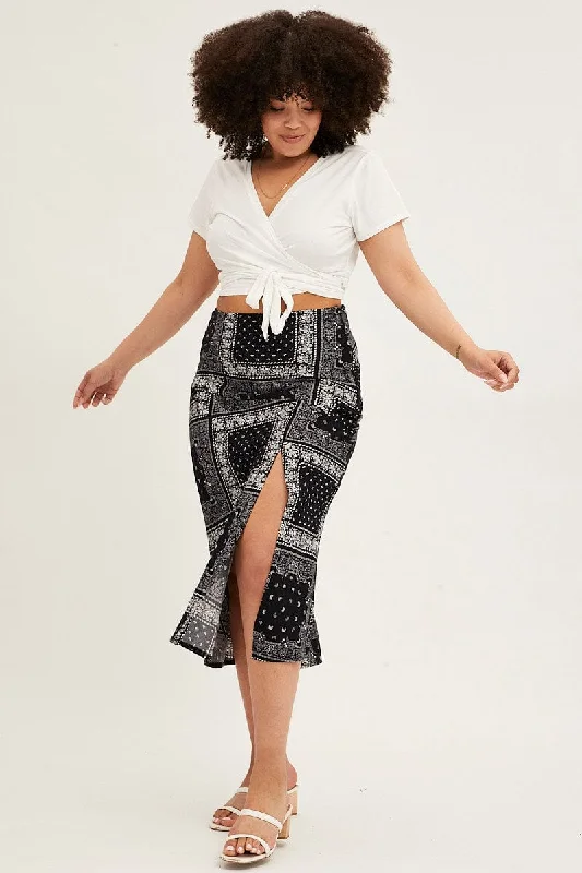 Black Boho Midi Skirt Bias Bandana Print Split a-line skirt cut