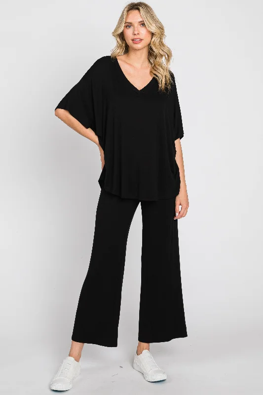 Black Cropped Pant Set Comfy Zip-Up Pants