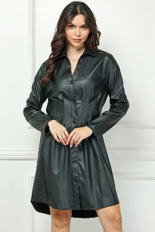 BLACK FAUX LEATHER BUTTON DOWN LONG SLEEVES MINI DRESS AVD51909W Elegant Silk Mini Dress
