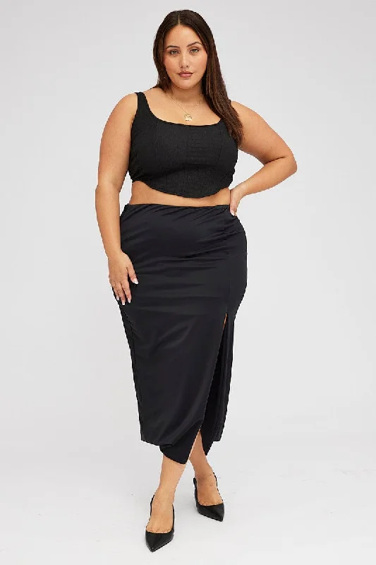 Black High Split Long Skirt Jersey denim skirt durable