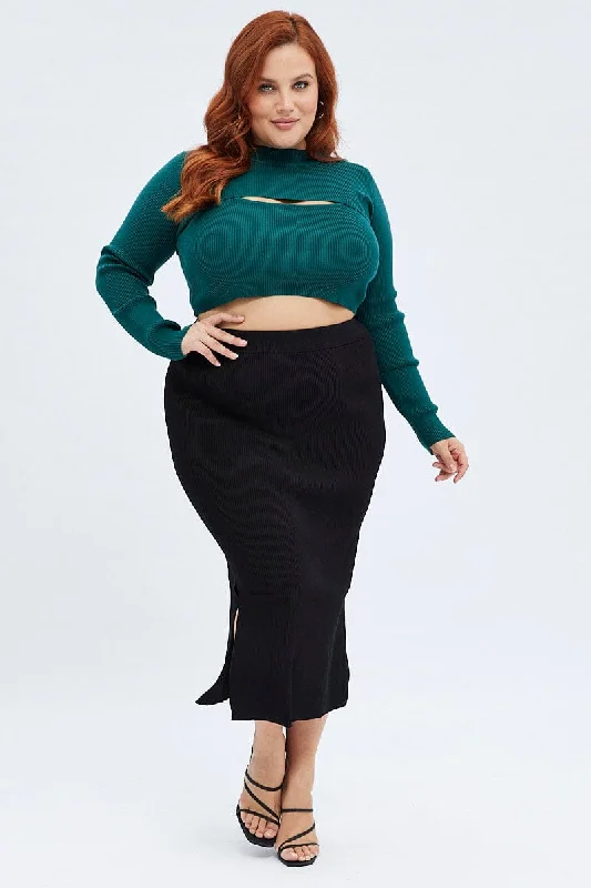 Black Knit Skirt Midi Side Split lace skirt intricate