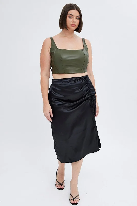 Black Midi Skirt Drawstring Satin Split breathable skirt fabric