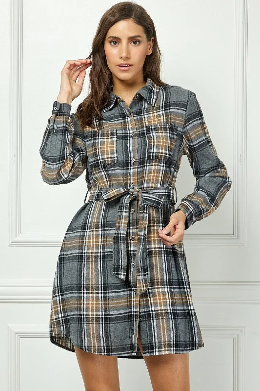 BLACK PLAID FLANNEL LONG SLEEVES BUTTON FRONT MINI DRESS AVD51580K Chic Sleeveless Mini Dress