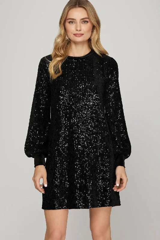 BLACK SEQUIN ROUND NECK VELVET CONTRAST MINI DRESS SSY7835 Chic Bohemian Mini Dress