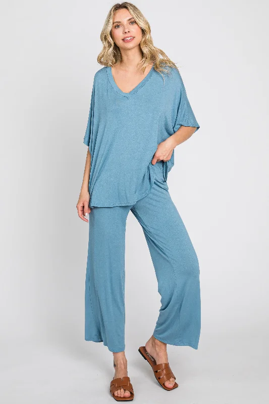 Blue Cropped Pant Set Formal Linen Trousers