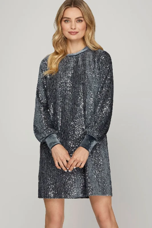 BLUE GREY SEQUIN ROUND NECK VELVET CONTRAST MINI DRESS SSY7835 Trendy Mini Dress with Belt BLUE GREY SEQUIN ROUND NECK VELVET CONTRAST MINI DRESS SSY7835 Trendy Mini Dress with Belt